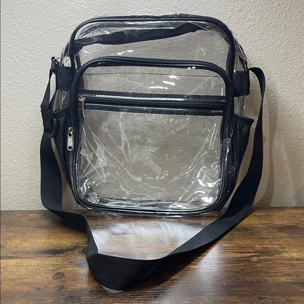 Stadium Approved Clear PVC Black Mesh Bottle Holder Crossbody Bag